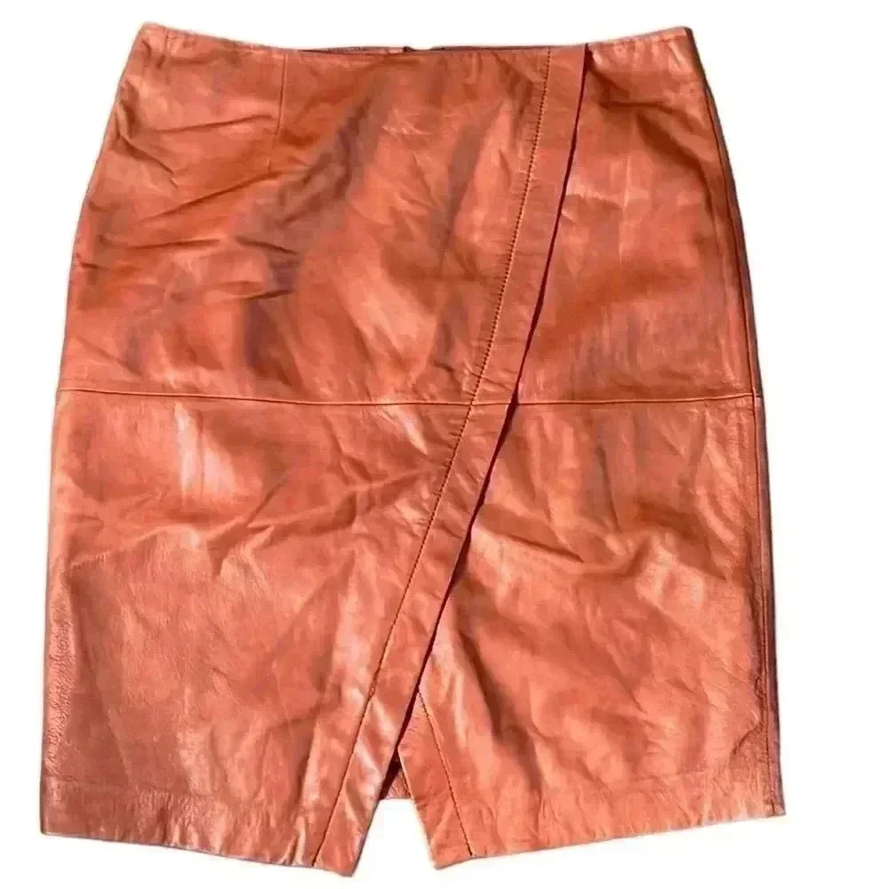 Nordstrom Brown Soft Leather Fully Lined Midi Skirt Size 8